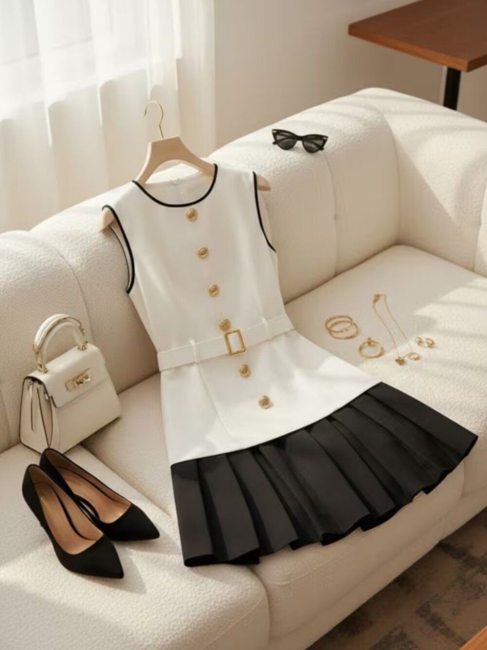 NWT Crew Neck Sleeveless Dress Cream Black Color-Block Pleated Skirt Size 14